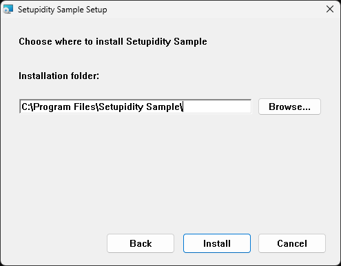 Destination selection page with an installation folder, Browse button, and Install button.