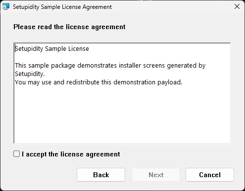 License acceptance page with sample terms and a checkbox required to continue.