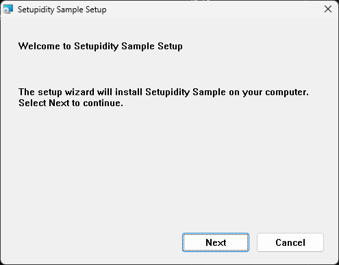 Setupidity Sample welcome page introducing the guided installation.